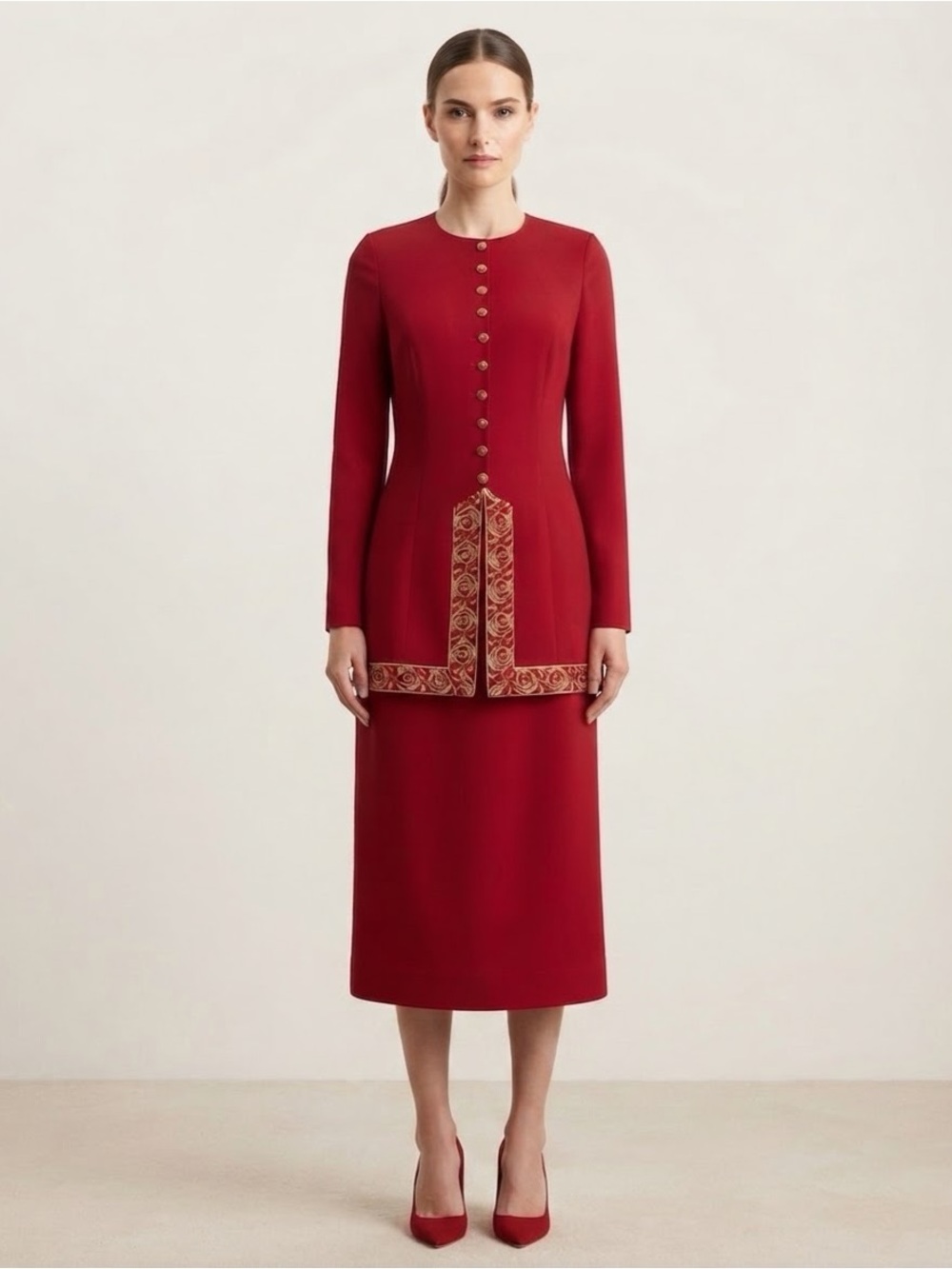 Vintage Positive Attitude Red Dress Sz 6 Gold Rose Embroidered Trim Button Front